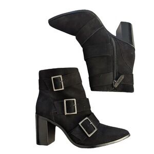 SCHUTZ w 8.5 Black Suede Ankle Boots with Buckles, Block‎ Heel, Pointed Toe
